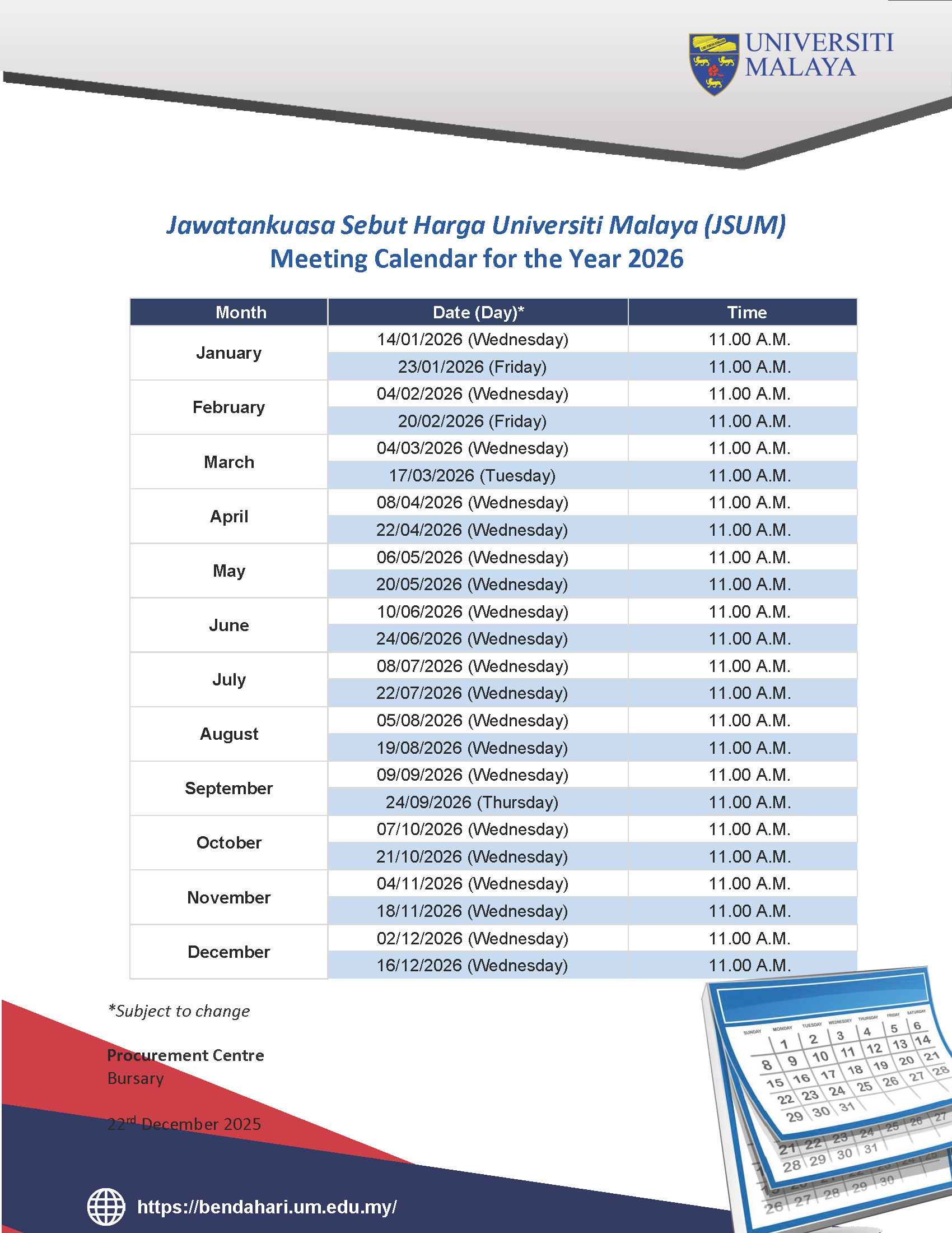 Universiti Malaya Procurement Board (Lembaga Perolehan Universiti Malaya) Meeting Calendar for the Year 2026