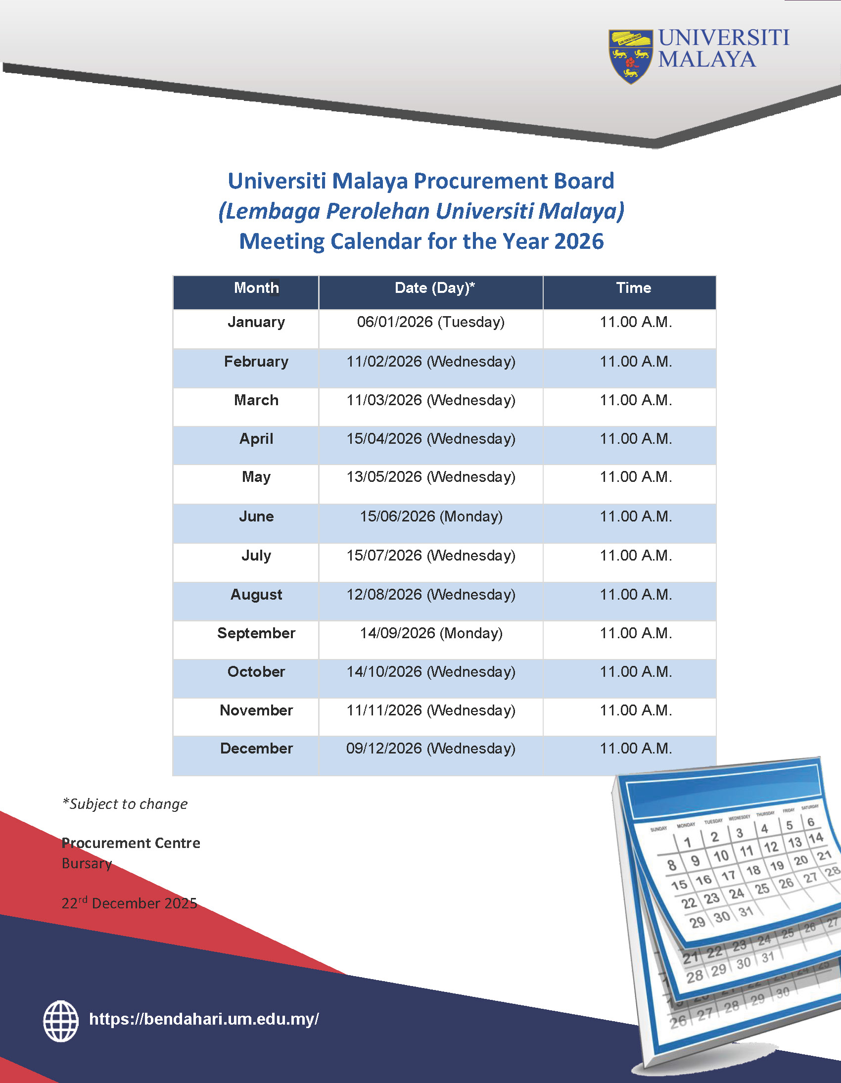 Universiti Malaya Procurement Board (Lembaga Perolehan Universiti Malaya) Meeting Calendar for the Year 2026